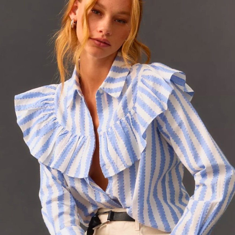 Striped Blue and White Ruffle Blouse